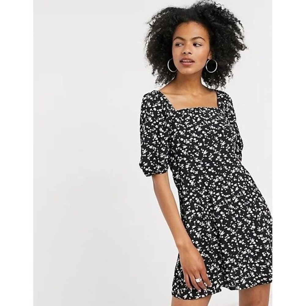 & Other Stories Black Floral Daisy Puff Sleeve Cutout Back Mini Dress Peasant 2